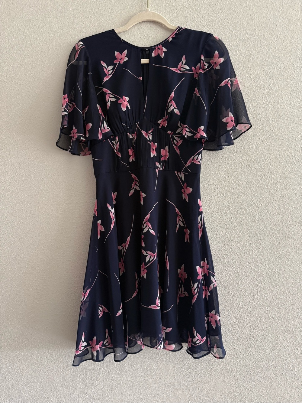 Shoshanna Navy Floral Flutter-Sleeve Dress with Pink Blossoms